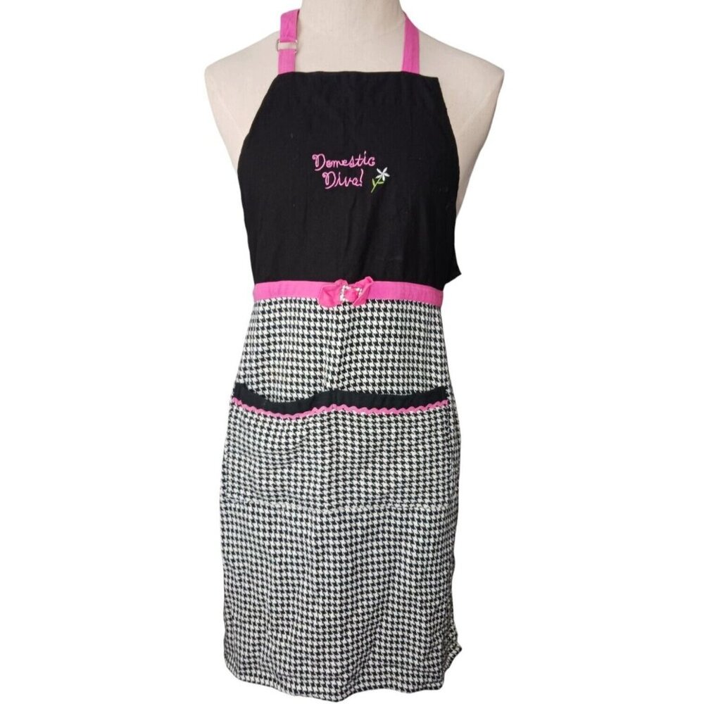 Apron Domestic Diva Houndstooth Print Pink Black Fun Novelty Household Kitchen